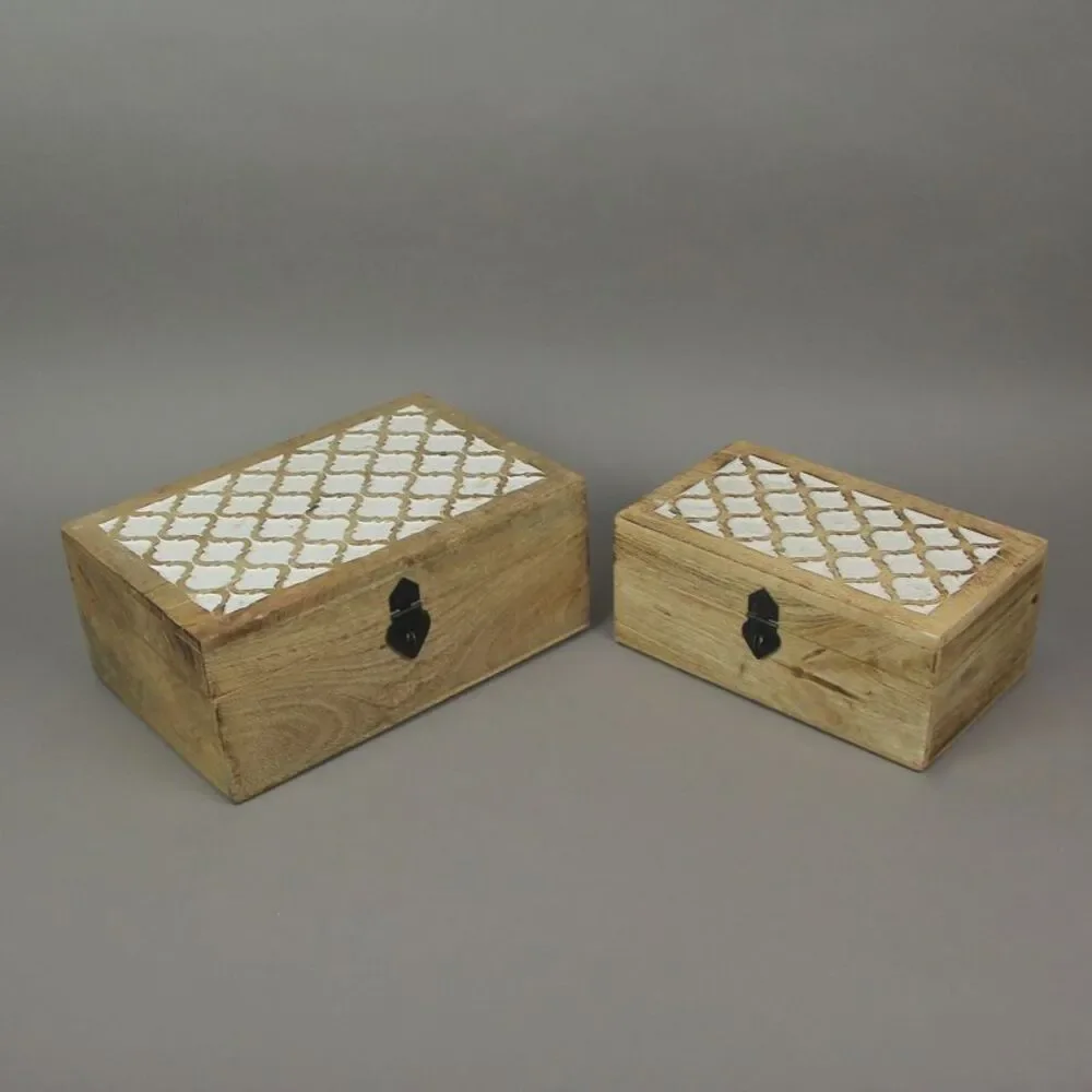 Set of 2 Hand Carved Marrakech Design Trinket Boxes Bohemian Decor